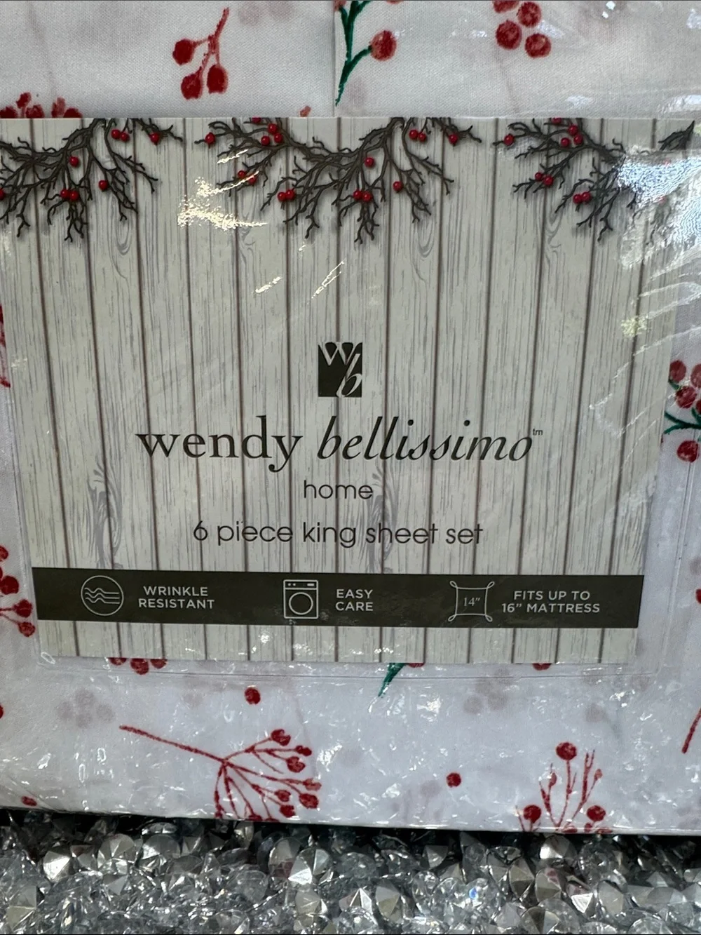 Wendy Bellissimo White Sheet Set with Red & Green Berry Sprig Print NEW